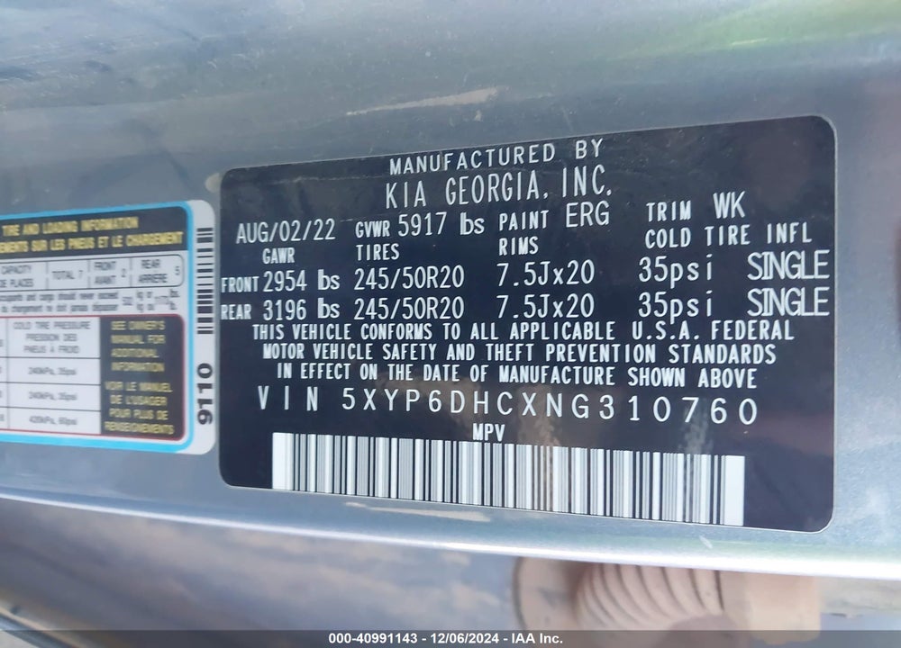 2022 KIA TELLURIDE S VIN: 5XYP6DHCXNG310760