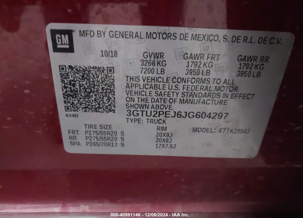 2018 GMC SIERRA 1500 DENALI VIN: 3GTU2PEJ6JG604297