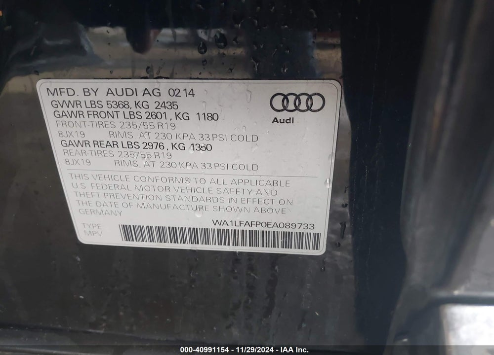 2014 AUDI Q5 2.0T PREMIUM VIN: WA1LFAFP0EA089733