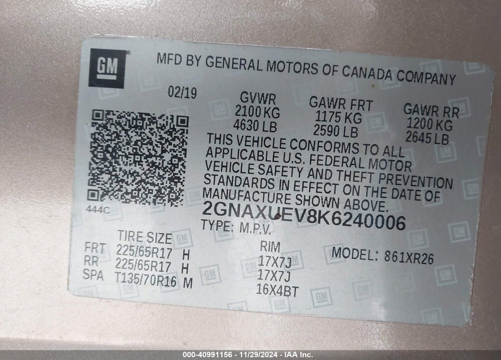 2019 CHEVROLET EQUINOX LT VIN: 2GNAXUEV8K6240006