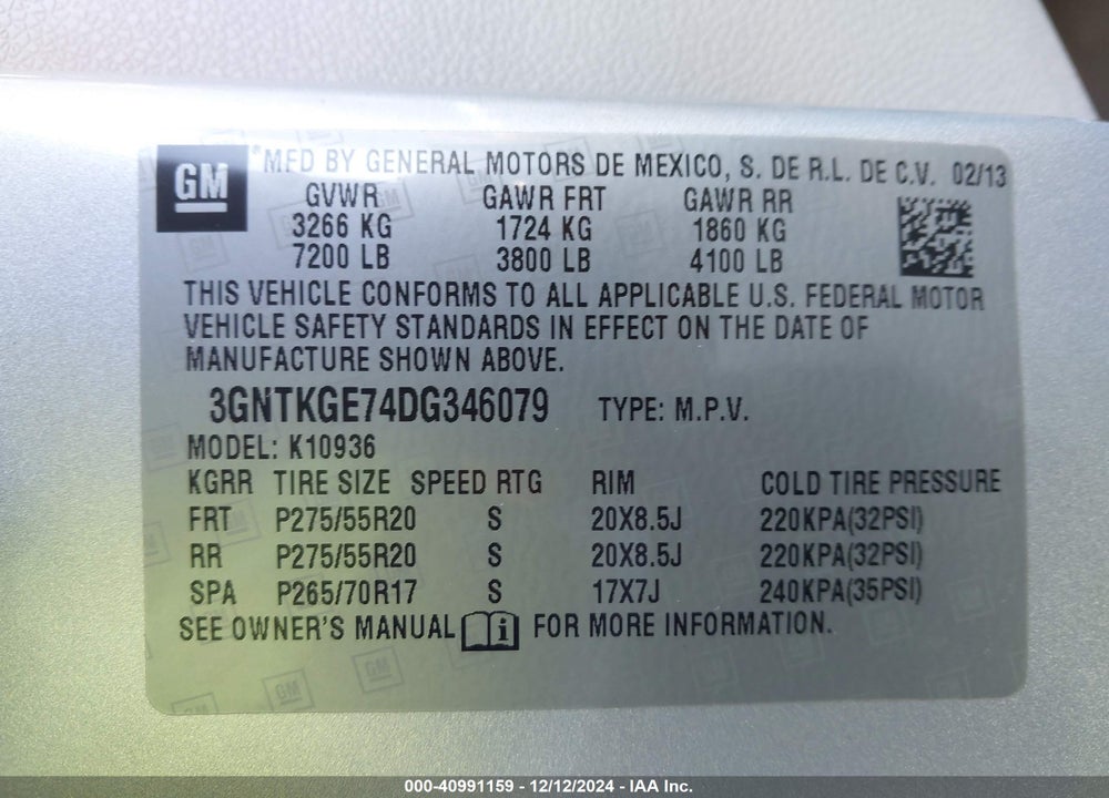 2013 CHEVROLET AVALANCHE VIN: 3GNTKGE74DG346079