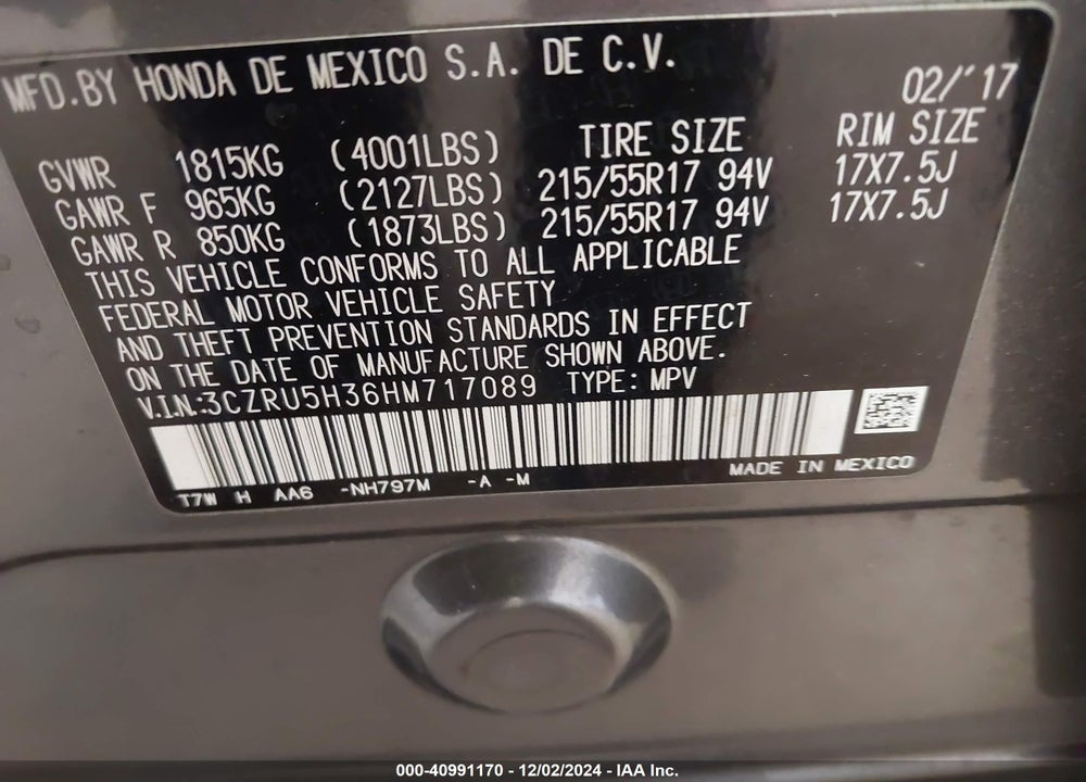 2017 HONDA HR-V LX VIN: 3CZRU5H36HM717089