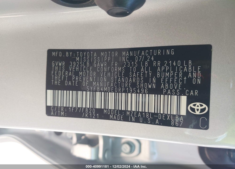 2024 TOYOTA COROLLA LE VIN: 5YFB4MDE0RP195496