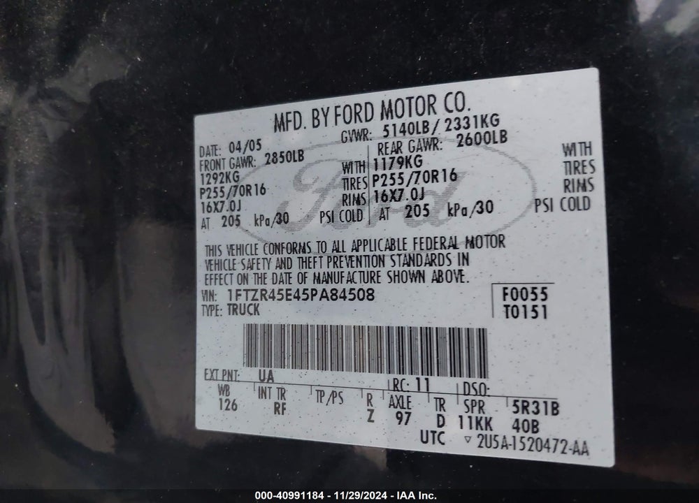 2005 FORD RANGER EDGE/FX4 LEVEL II/FX4 OFF-ROAD/XLT VIN: 1FTZR45E45PA84508