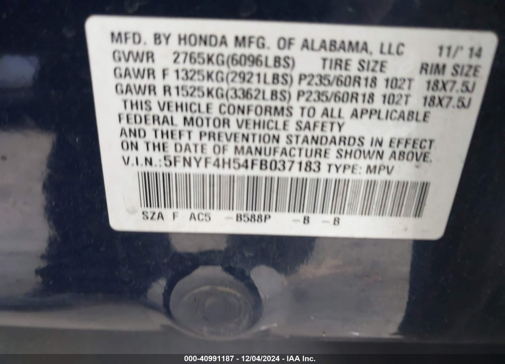 2015 HONDA PILOT EX-L VIN: 5FNYF4H54FB037183