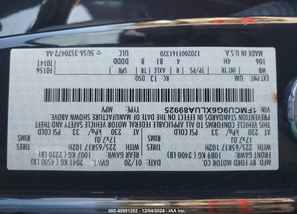 2020 FORD ESCAPE SE VIN: 1FMCU9G6XLUA89925