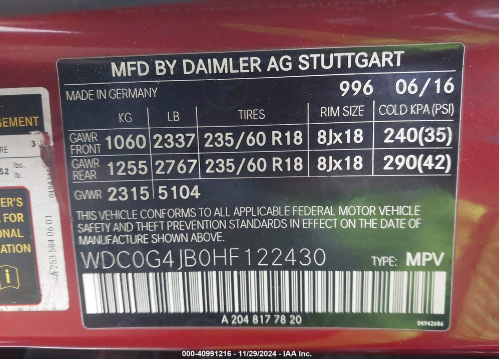 2017 MERCEDES-BENZ GLC 300 VIN: WDC0G4JB0HF122430