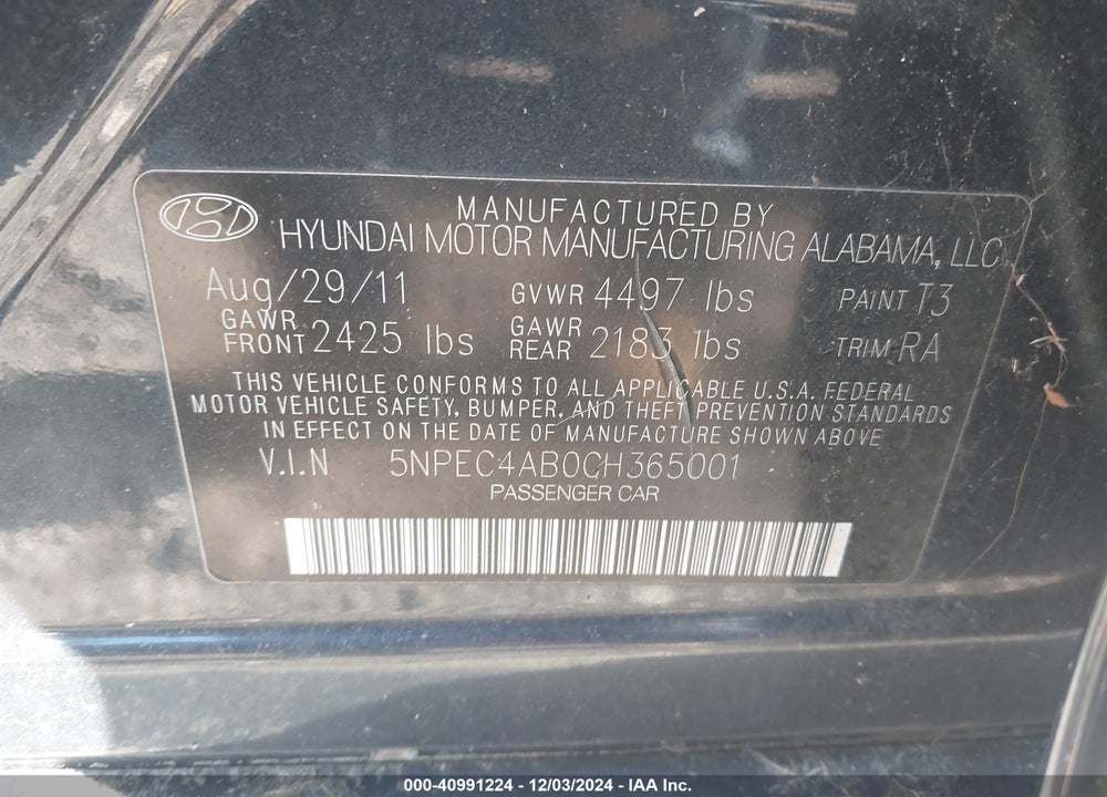 2012 HYUNDAI SONATA LIMITED 2.0T VIN: 5NPEC4AB0CH365001