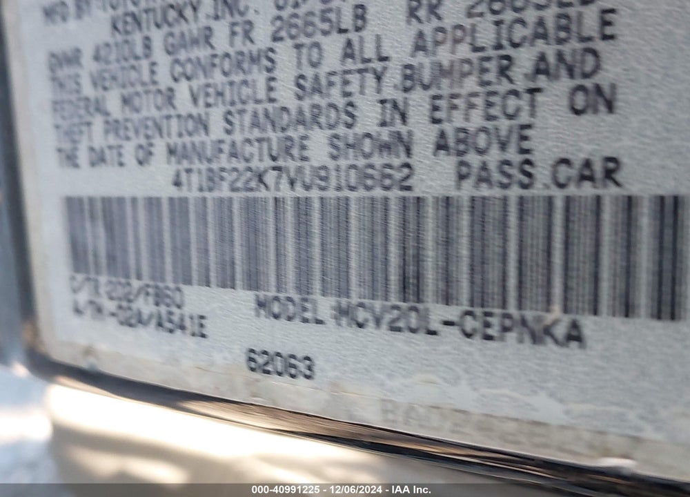 1997 TOYOTA CAMRY LE V6 VIN: 4T1BF22K7VU910662
