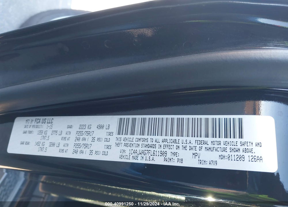 2015 JEEP WRANGLER SPORT VIN: 1C4AJWAG7FL611909