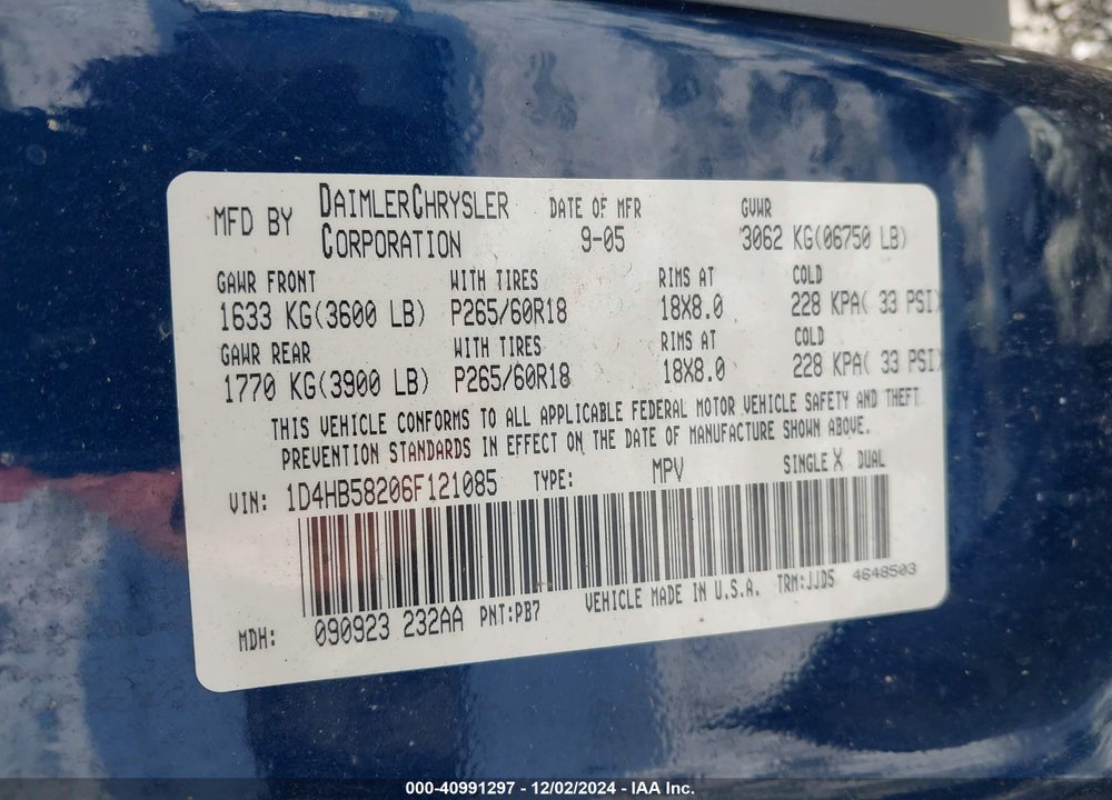2006 DODGE DURANGO LIMITED VIN: 1D4HB58206F121085