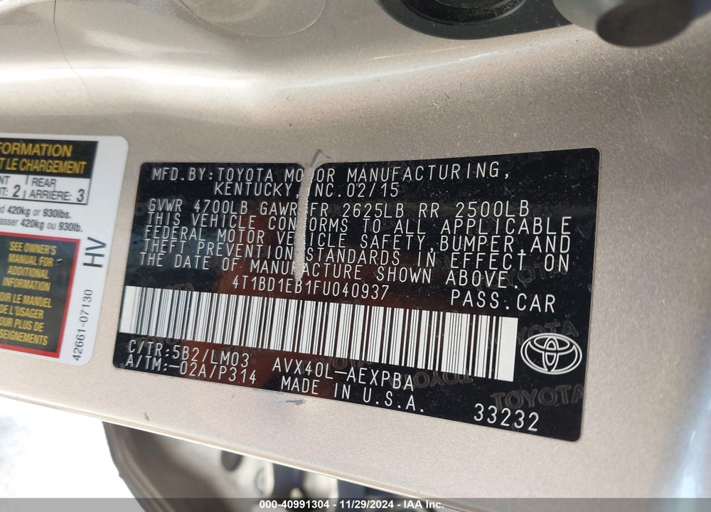 2015 TOYOTA AVALON HYBRID LIMITED VIN: 4T1BD1EB1FU040937
