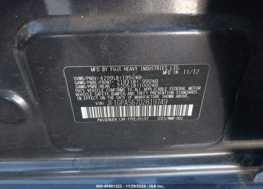 2013 SUBARU IMPREZA 2.0I SPORT LIMITED VIN: JF1GPAS67D2819749