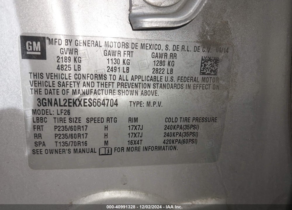 2014 CHEVROLET CAPTIVA SPORT 2LS VIN: 3GNAL2EKXES664704