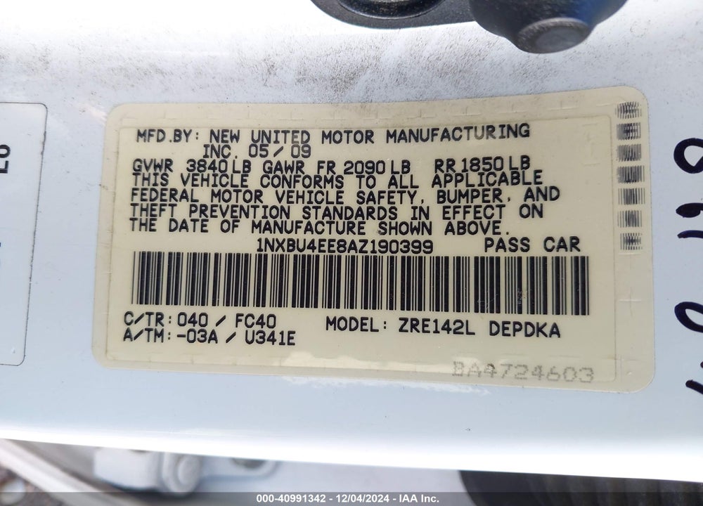 2010 TOYOTA COROLLA LE VIN: 1NXBU4EE8AZ190399
