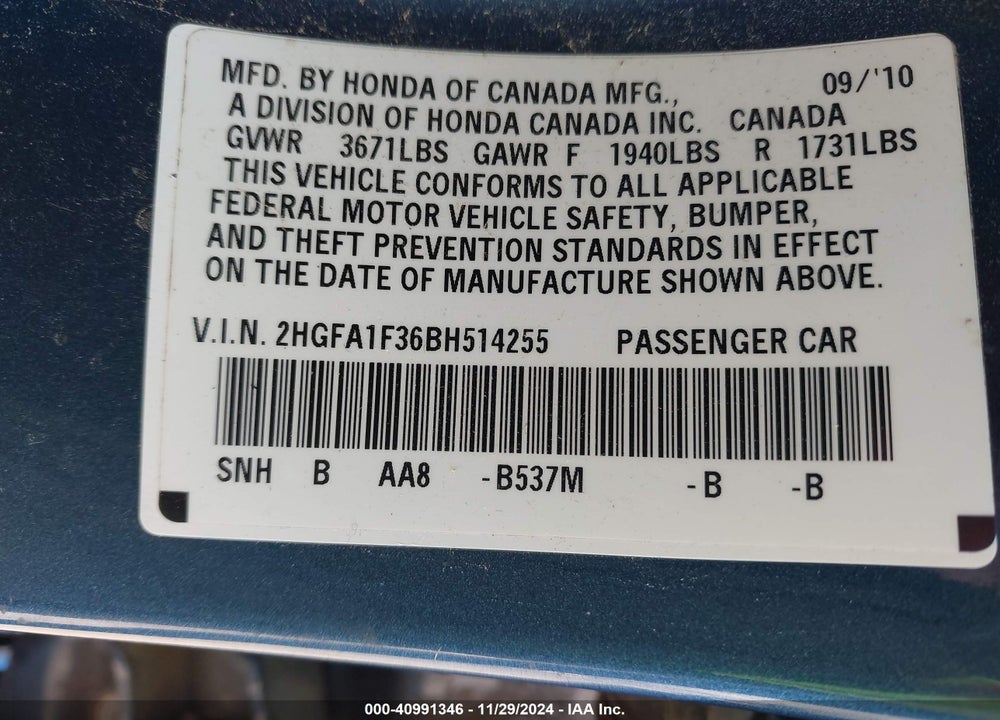 2011 HONDA CIVIC VP VIN: 2HGFA1F36BH514255