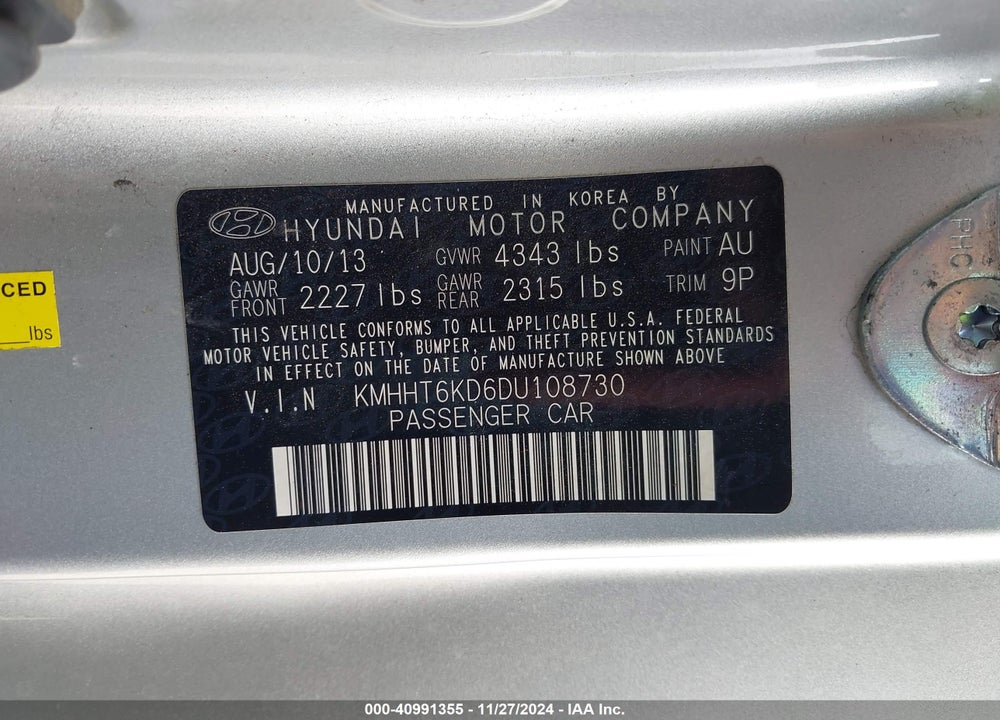 2013 HYUNDAI GENESIS 2.0T VIN: KMHHT6KD6DU108730