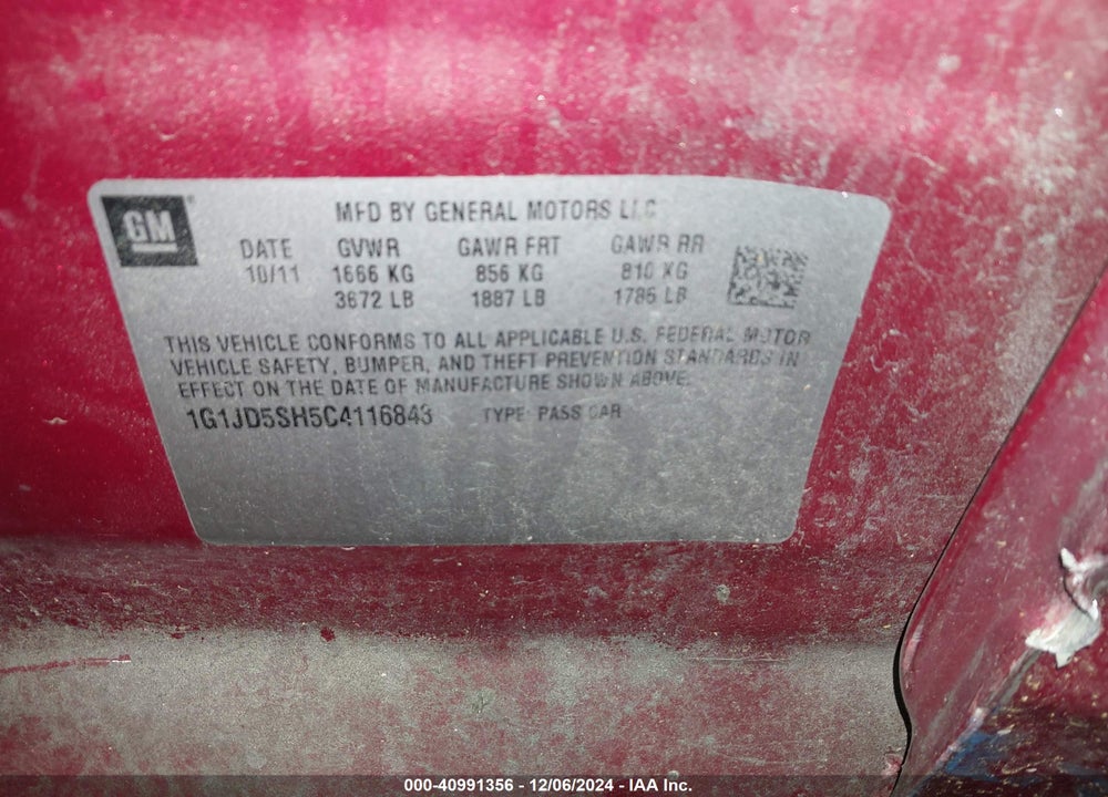 2012 CHEVROLET SONIC 1LT VIN: 1G1JD5SH5C4116843