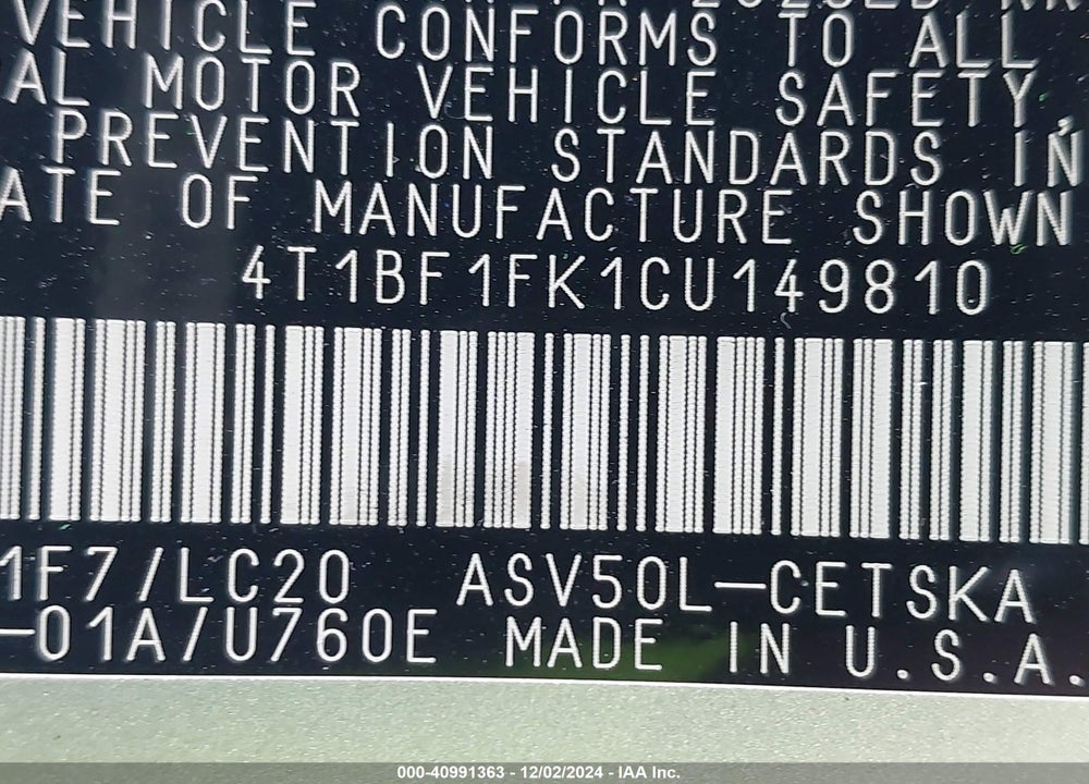 2012 TOYOTA CAMRY SE VIN: 4T1BF1FK1CU149810
