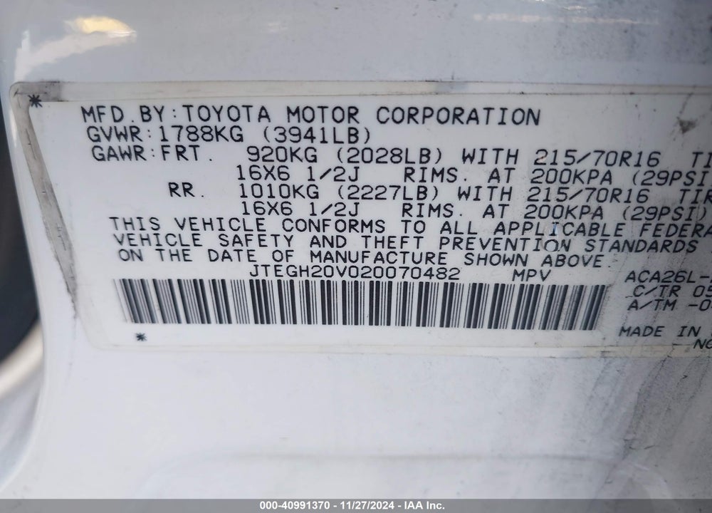 2002 TOYOTA RAV4 VIN: JTEGH20V020070482