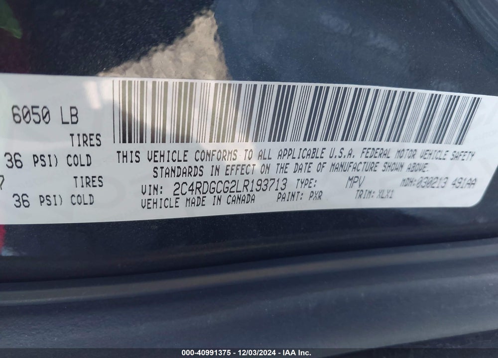 2020 DODGE GRAND CARAVAN SXT VIN: 2C4RDGCG2LR193713