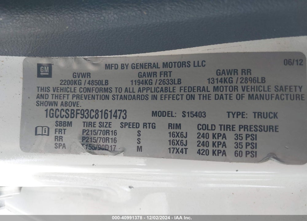 2012 CHEVROLET COLORADO WORK TRUCK VIN: 1GCCSBF93C8161473