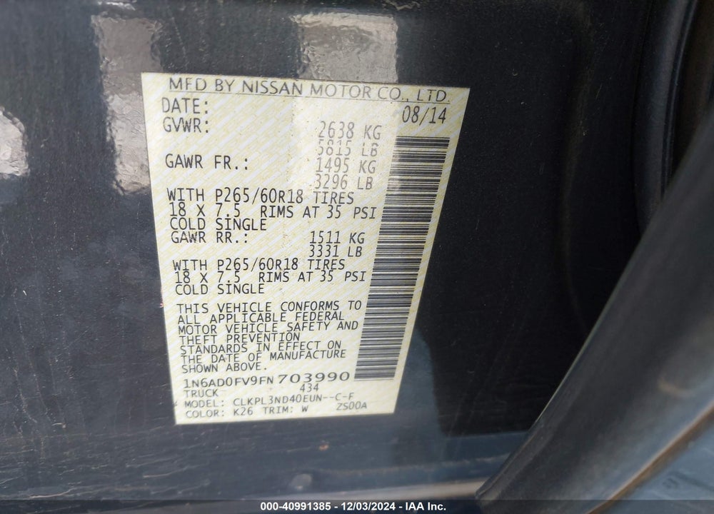 2015 NISSAN FRONTIER SL VIN: 1N6AD0FV9FN703990