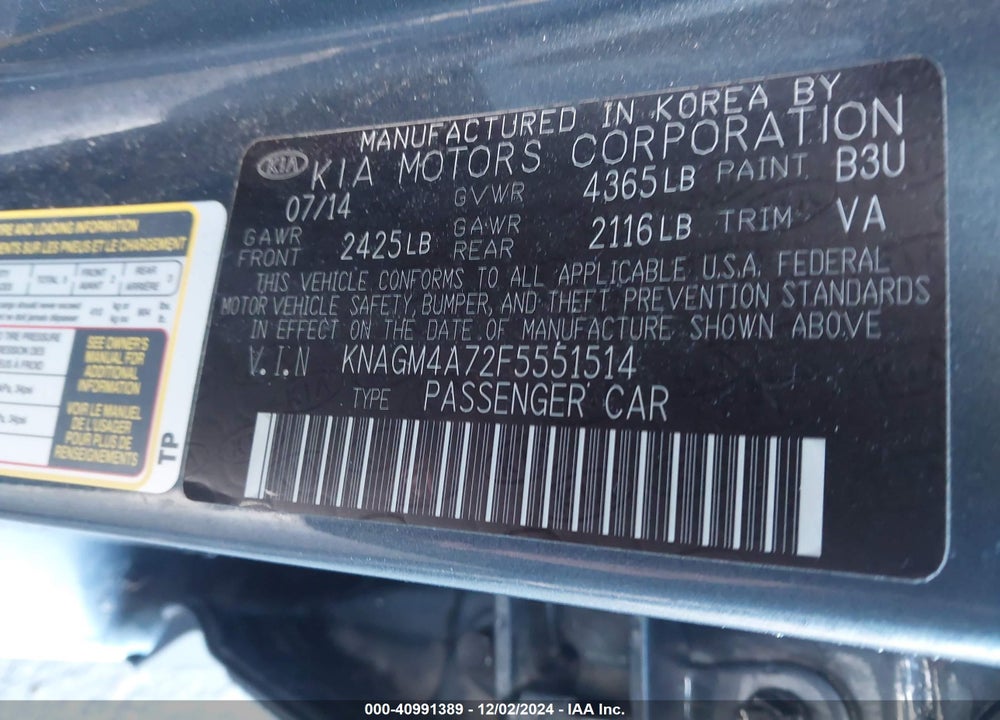 2015 KIA OPTIMA LX VIN: KNAGM4A72F5551514