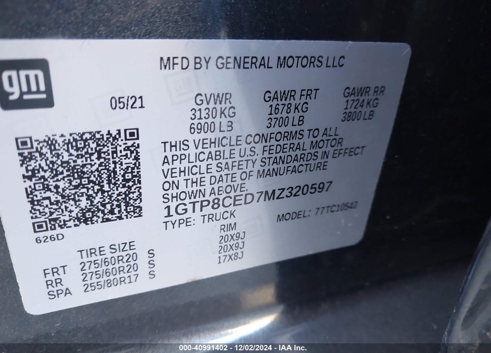2021 GMC SIERRA 1500 VIN: 1GTP8CED7MZ320597