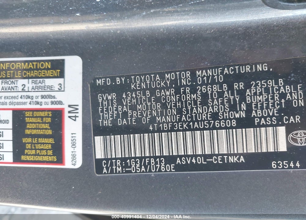 2010 TOYOTA CAMRY LE VIN: 4T1BF3EK1AU576608