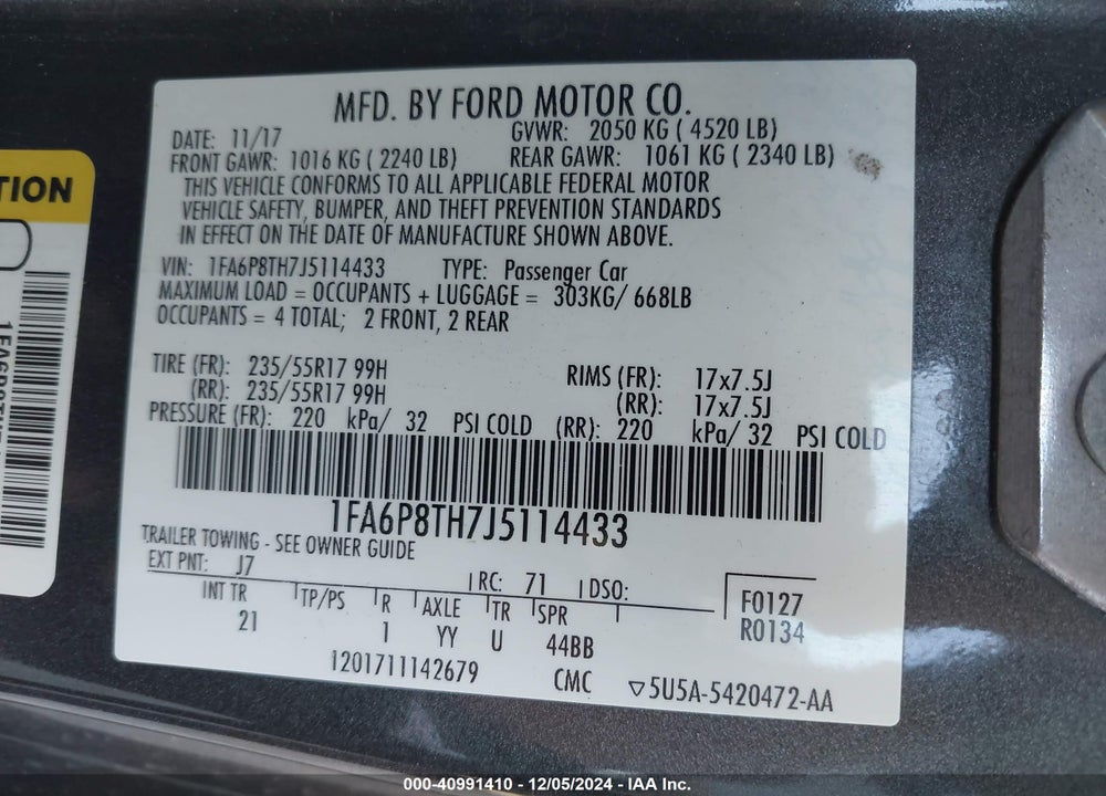 2018 FORD MUSTANG VIN: 1FA6P8TH7J5114433