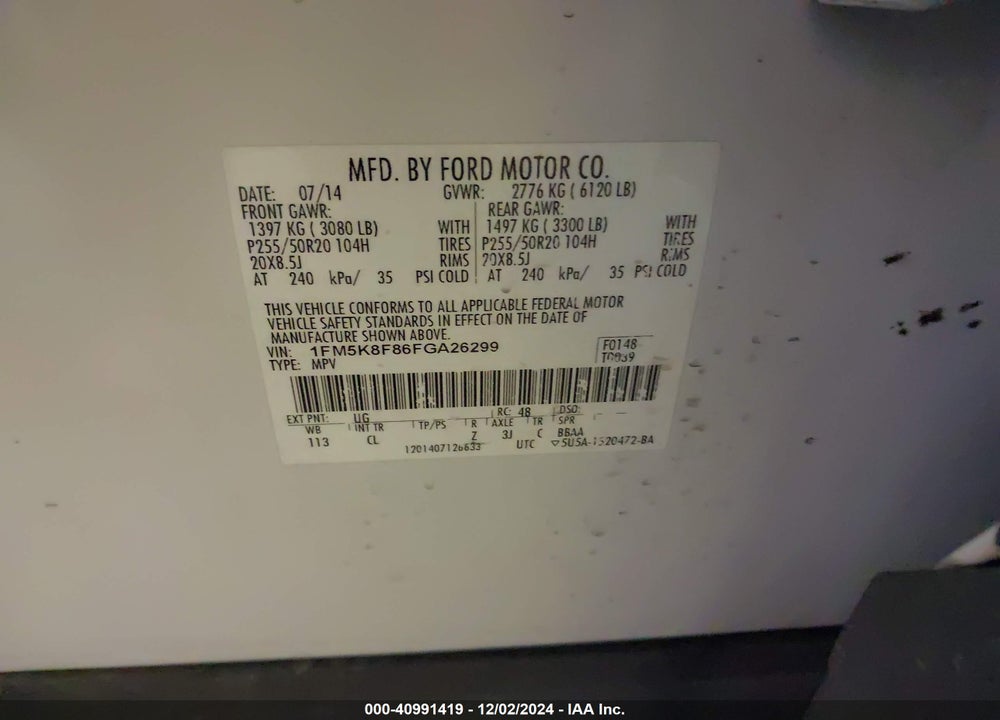 2015 FORD EXPLORER LIMITED VIN: 1FM5K8F86FGA26299