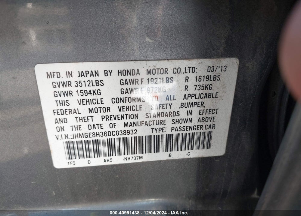 2013 HONDA FIT VIN: JHMGE8H36DC038932