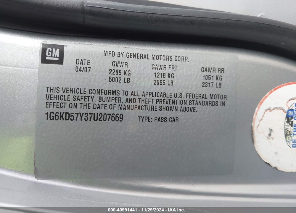 2007 CADILLAC DTS V8 VIN: 1G6KD57Y37U207669