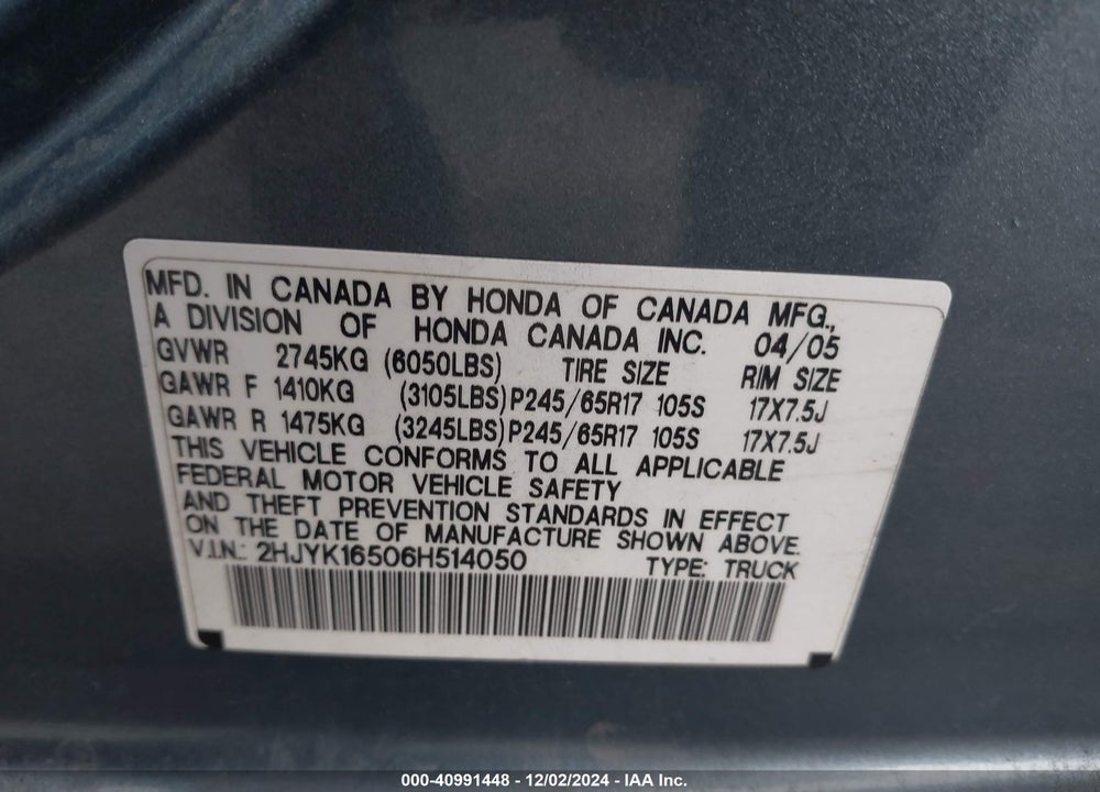2006 HONDA RIDGELINE RTL VIN: 2HJYK16506H514050