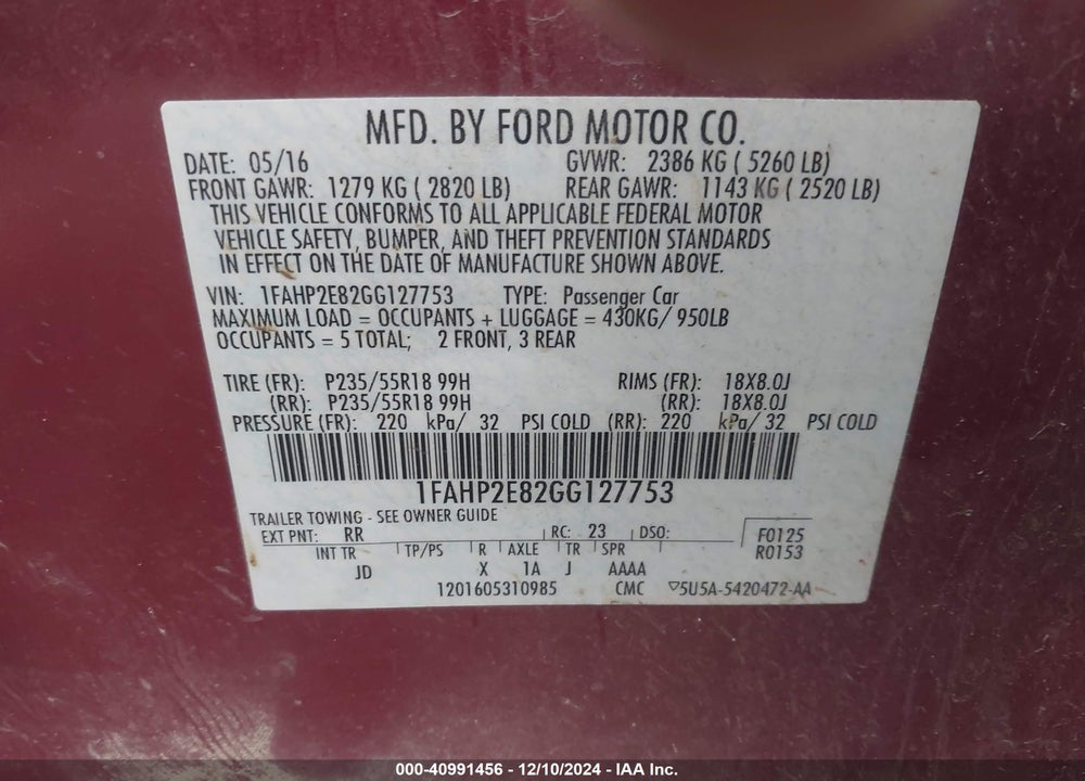 2016 FORD TAURUS SEL VIN: 1FAHP2E82GG127753