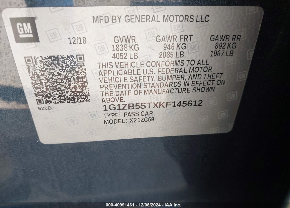 2019 CHEVROLET MALIBU 1LS VIN: 1G1ZB5STXKF145612