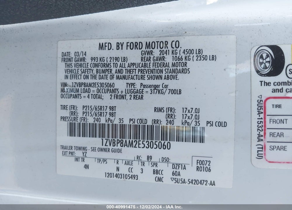 2014 FORD MUSTANG VIN: 1ZVBP8AM2E5305060
