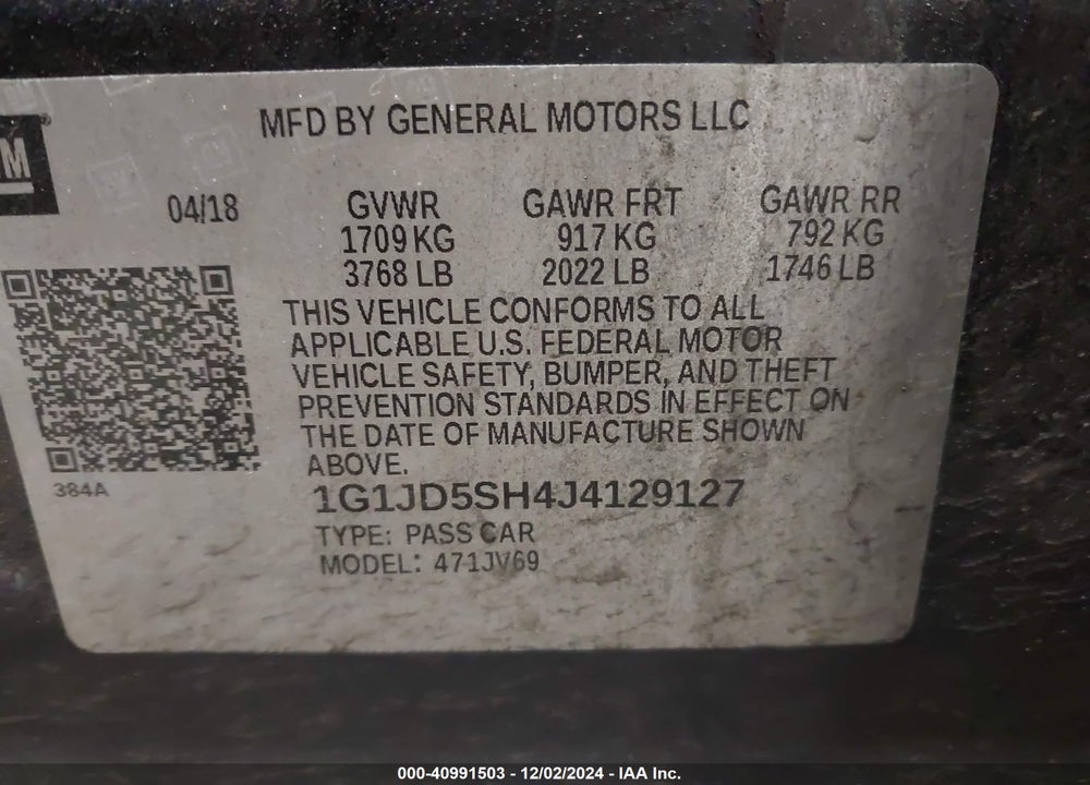 2018 CHEVROLET SONIC LT AUTO VIN: 1G1JD5SH4J4129127