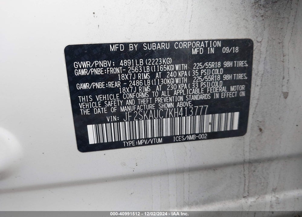 2019 SUBARU FORESTER LIMITED VIN: JF2SKAUC7KH413777