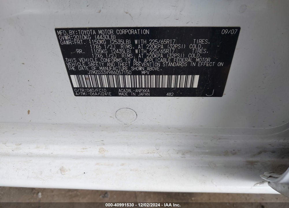 2008 TOYOTA RAV4 VIN: JTMZD33V986057150