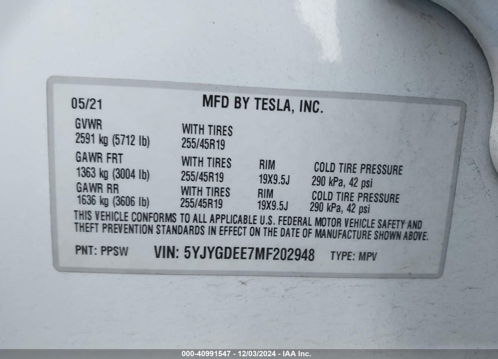 2021 TESLA MODEL Y LONG RANGE DUAL MOTOR ALL-WHEEL DRIVE VIN: 5YJYGDEE7MF202948
