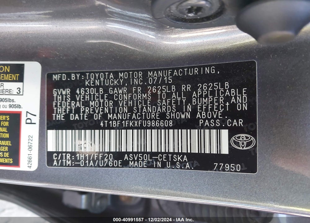 2015 TOYOTA CAMRY SE VIN: 4T1BF1FKXFU986608