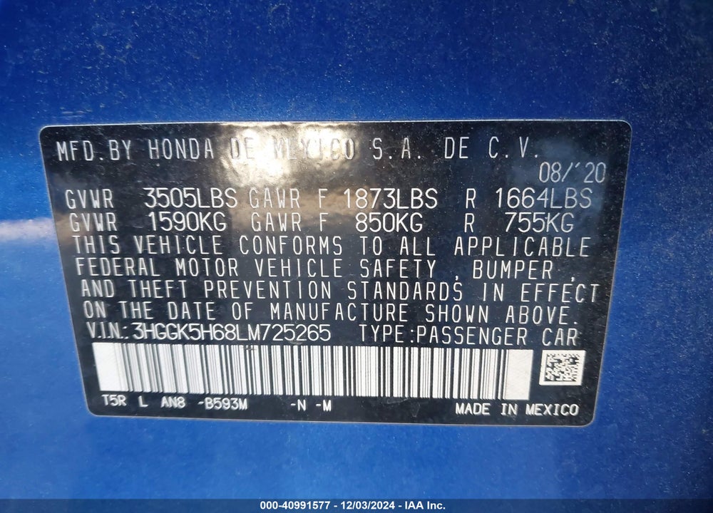 2020 HONDA FIT SPORT VIN: 3HGGK5H68LM725265