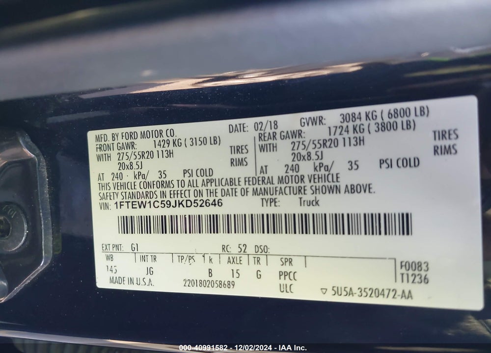 2018 FORD F-150 XL VIN: 1FTEW1C59JKD52646