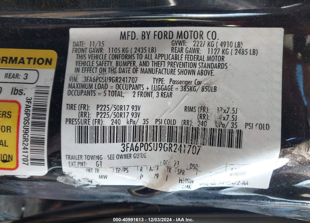 2016 FORD FUSION ENERGI VIN: 3FA6P0SU9GR241707