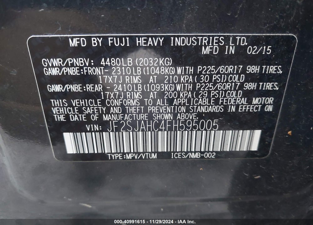 2015 SUBARU FORESTER 2.5I LIMITED VIN: JF2SJAHC4FH595005