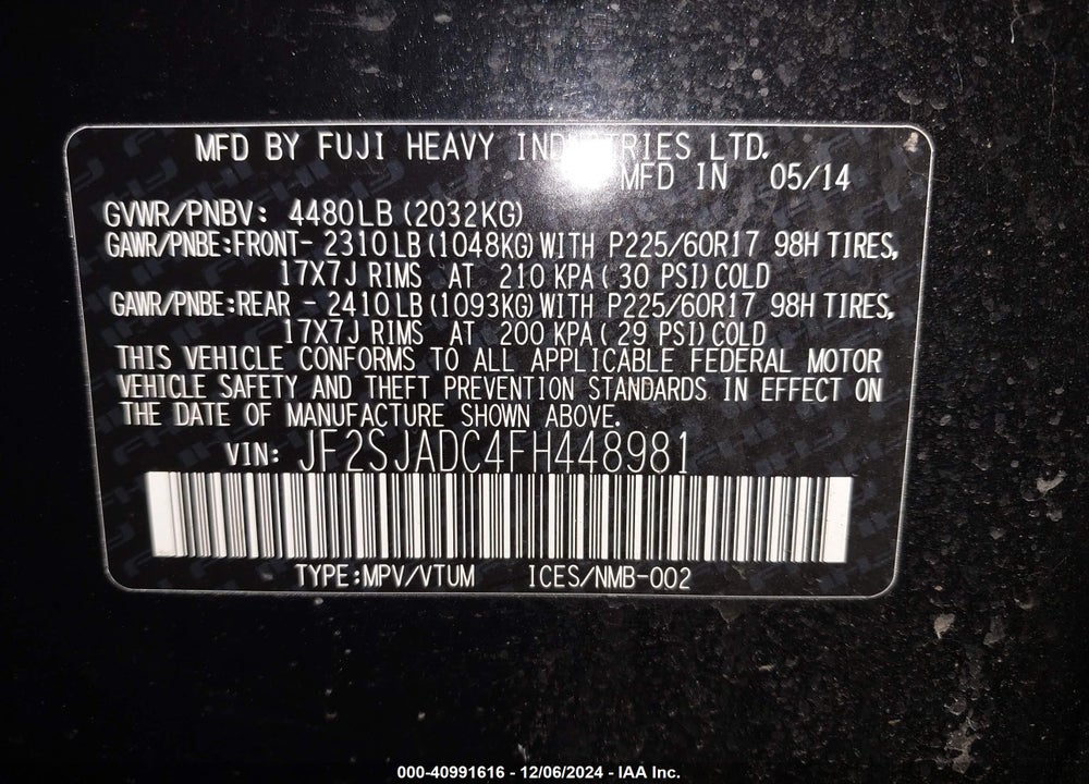 2015 SUBARU FORESTER 2.5I PREMIUM VIN: JF2SJADC4FH448981