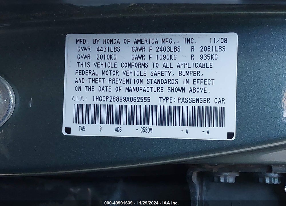 2009 HONDA ACCORD VIN: 1HGCP26899A062555