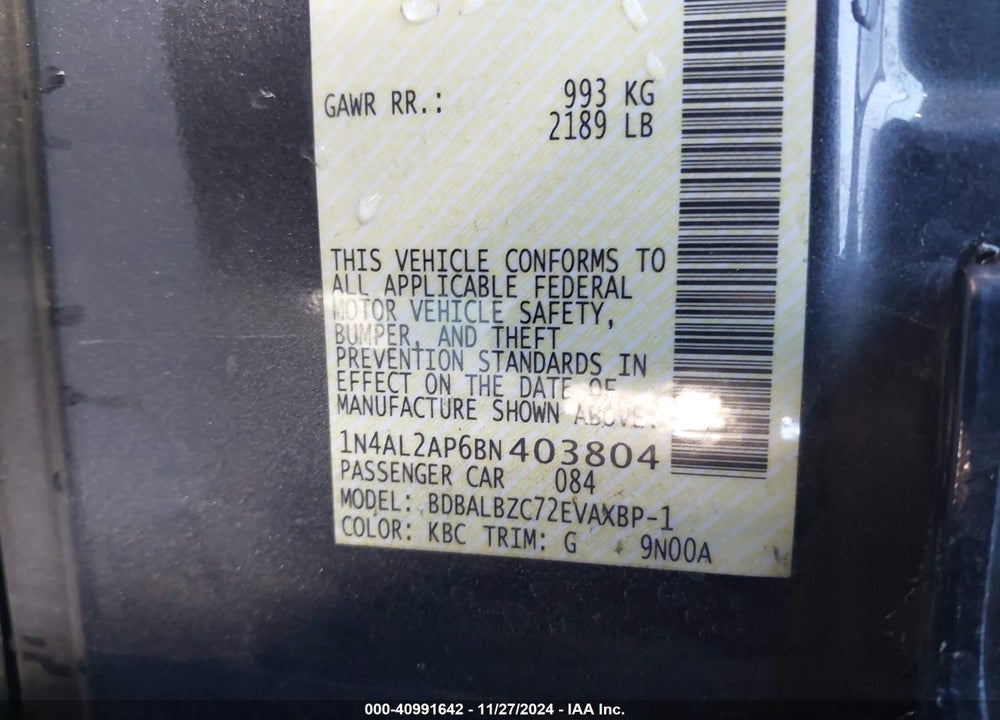 2011 NISSAN ALTIMA VIN: 1N4AL2AP6BN403804
